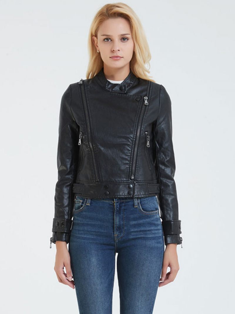 Veste Moto Simili Cuir Noir Col Montant Pu Style Petit Ami Bouton Coupe Décontractée Manches Longues Décontracté Printemps Automne Motard Vêtements D'extérieur Pour Femme - Noir