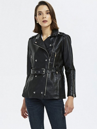 Veste Moto Simili Cuir Noir Fermeture Éclair Pu Col Rabattu Manches Longues Style Petit Ami Vêtements D'extérieur Motard Pour Femmes Printemps Et Automne