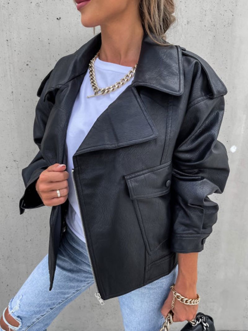 Veste Moto Simili Cuir Noir Revers Zippé Pu Surdimensionné Printemps Automne Vêtements D'extérieur Motard Pour Femmes - Noir