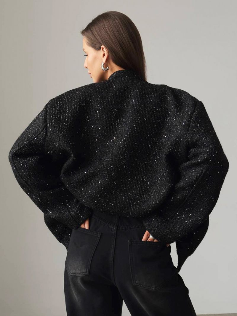 Veste À Paillettes Dorées Pour Femmes Col Montant Poches Rabat Manteau Rétro Surdimensionné - Noir