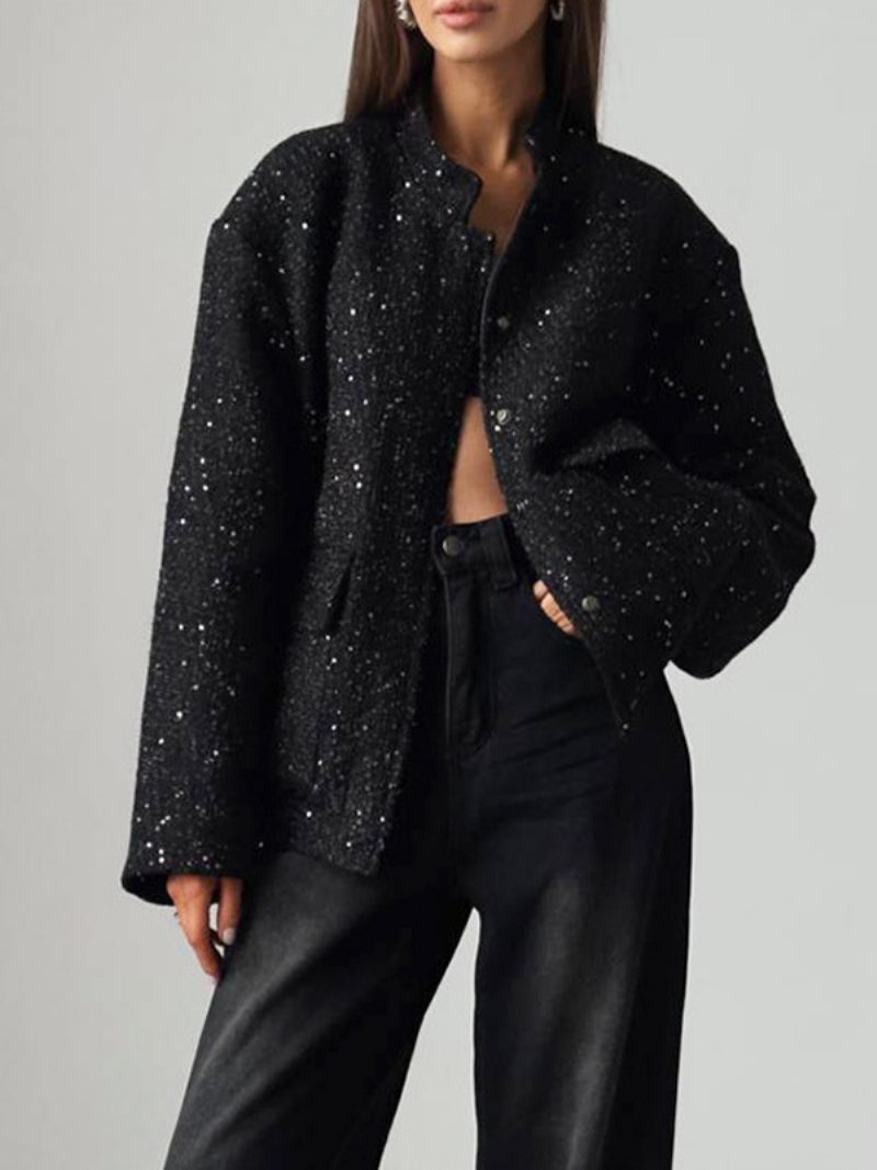 Veste À Paillettes Dorées Pour Femmes Col Montant Poches Rabat Manteau Rétro Surdimensionné - Noir