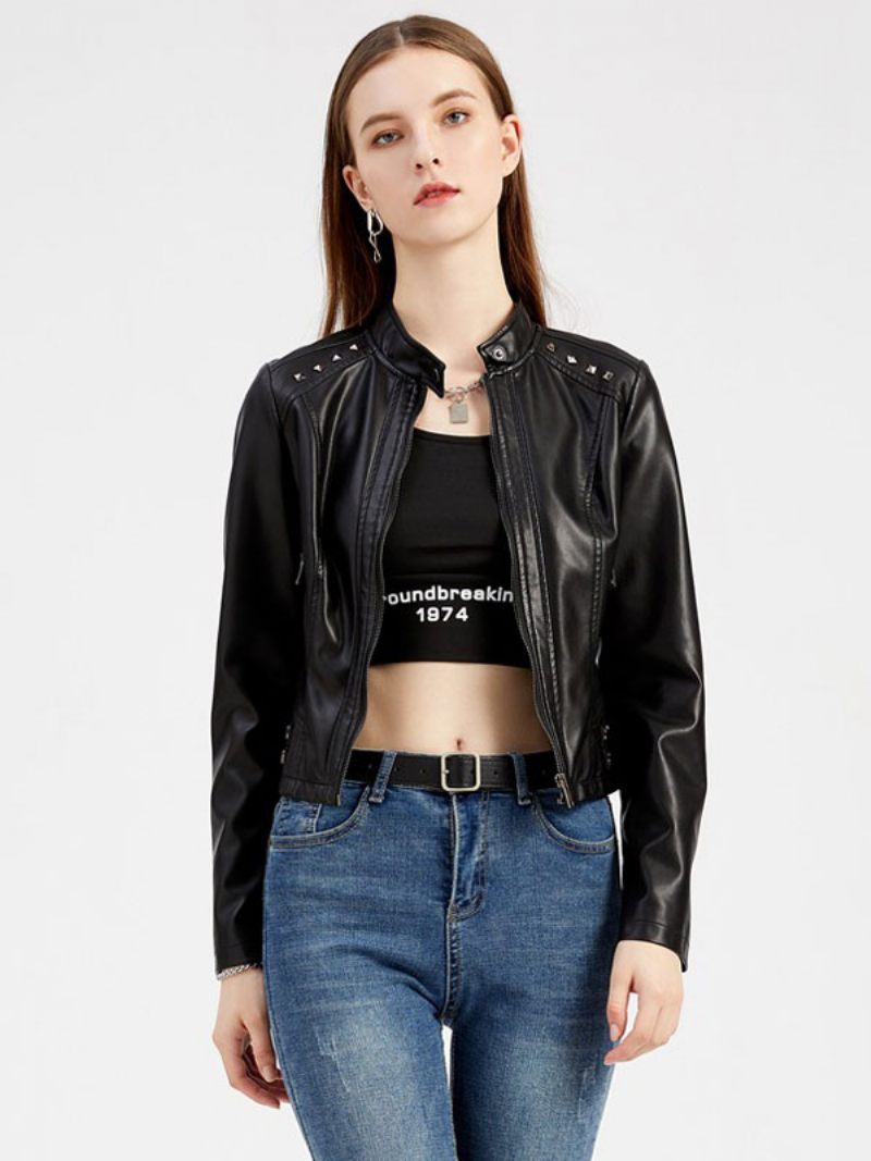 Veste Simili Cuir Pu Rivet Zip Up Col Montant Printemps Automne Rue Biker Vêtements D'extérieur Pour Les Femmes