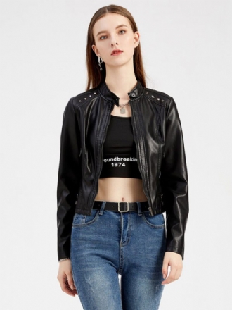 Veste Simili Cuir Pu Rivet Zip Up Col Montant Printemps Automne Rue Biker Vêtements D'extérieur Pour Les Femmes