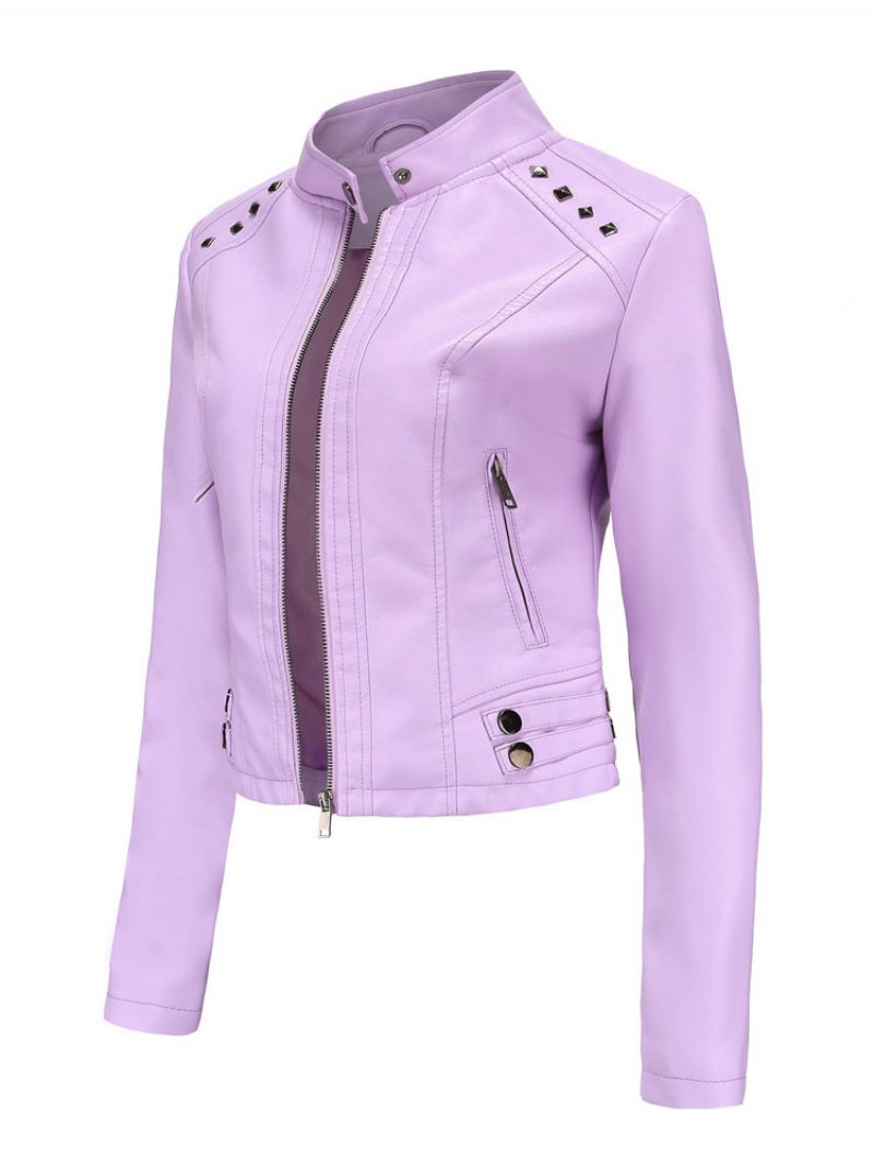 Veste Simili Cuir Pu Rivet Zip Up Col Montant Printemps Automne Rue Biker Vêtements D'extérieur Pour Les Femmes - Lilas