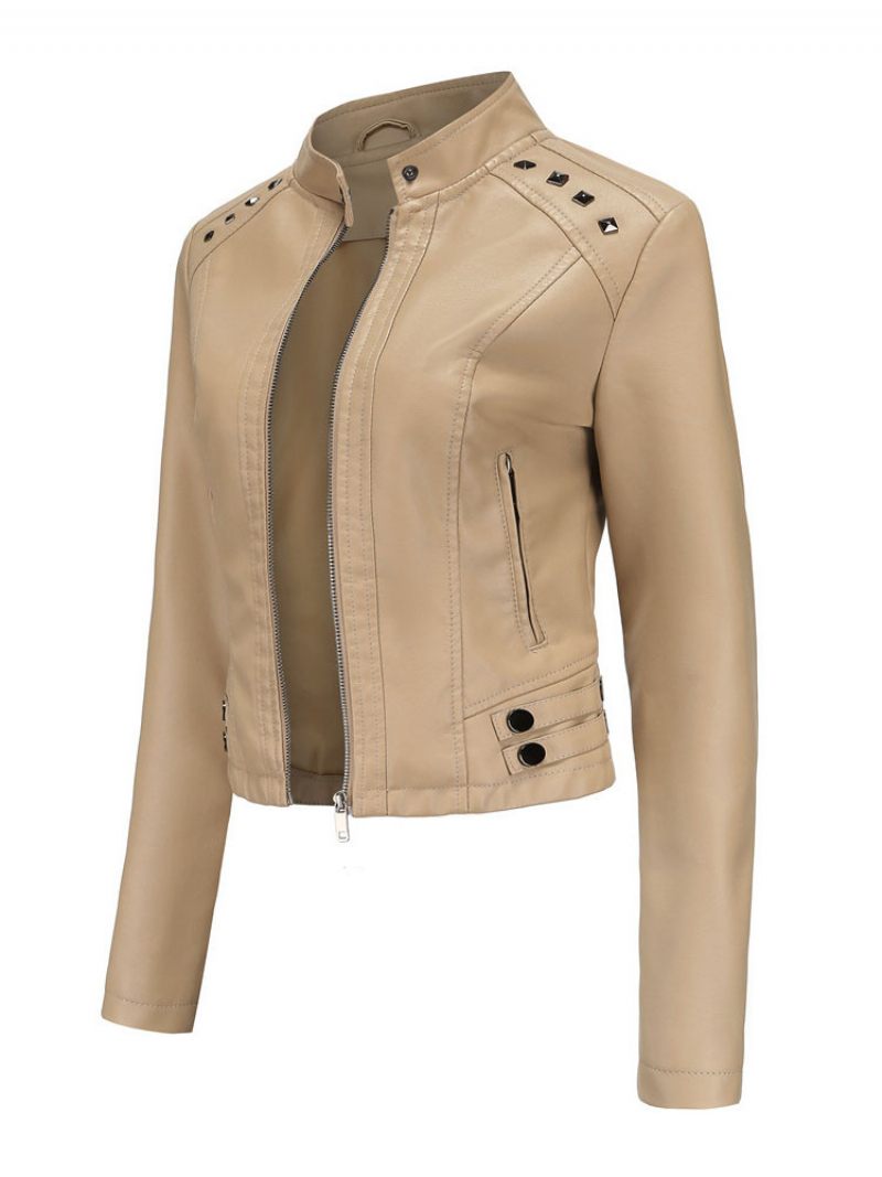 Veste Simili Cuir Pu Rivet Zip Up Col Montant Printemps Automne Rue Biker Vêtements D'extérieur Pour Les Femmes - Jaune Clair Profond