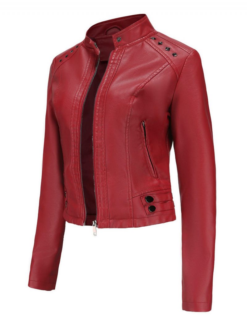 Veste Simili Cuir Pu Rivet Zip Up Col Montant Printemps Automne Rue Biker Vêtements D'extérieur Pour Les Femmes - Bourgogne