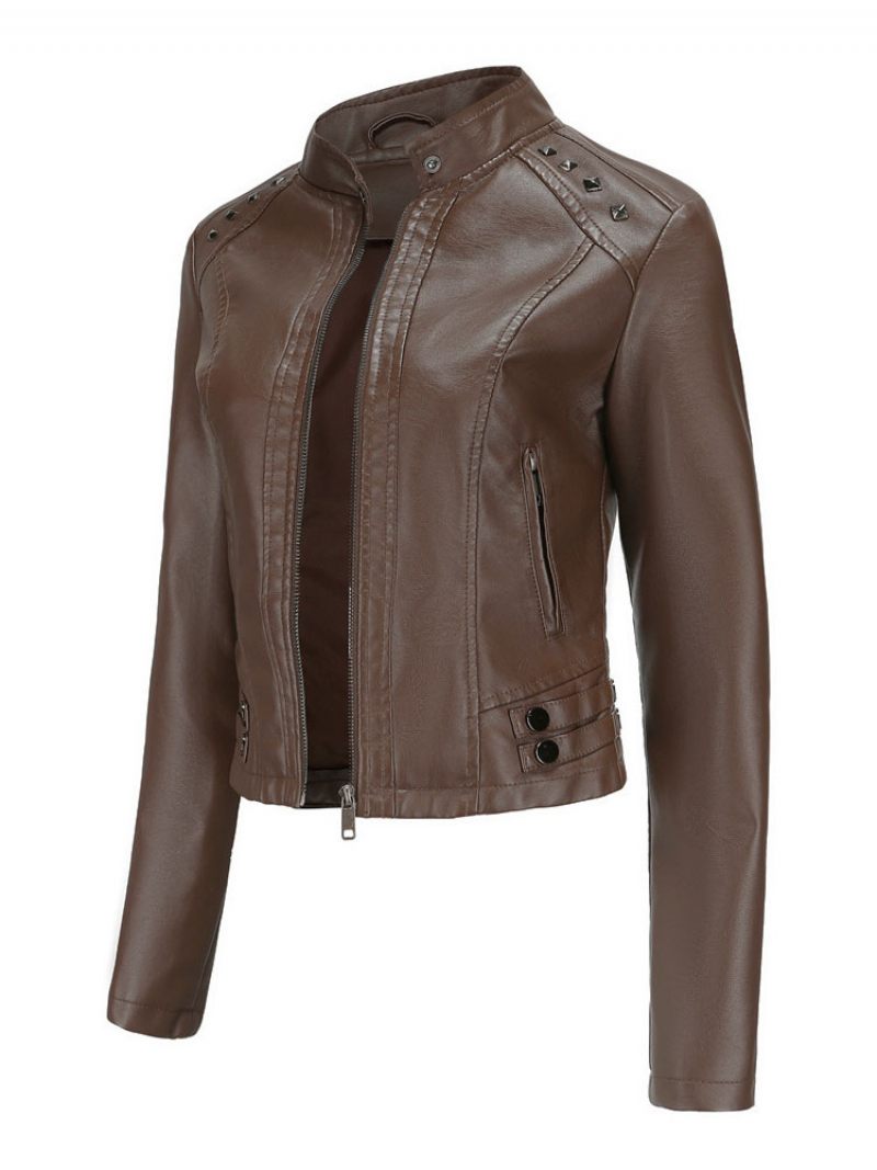 Veste Simili Cuir Pu Rivet Zip Up Col Montant Printemps Automne Rue Biker Vêtements D'extérieur Pour Les Femmes - Marron Foncé