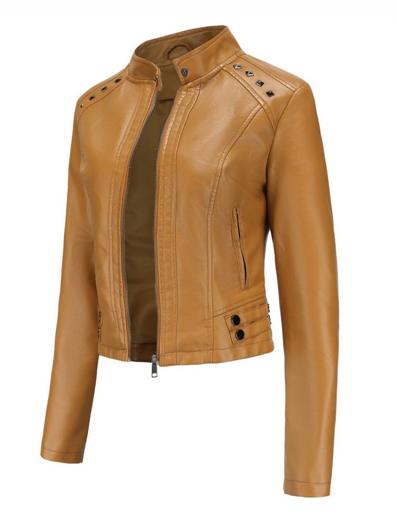 Veste Simili Cuir Pu Rivet Zip Up Col Montant Printemps Automne Rue Biker Vêtements D'extérieur Pour Les Femmes - Camel