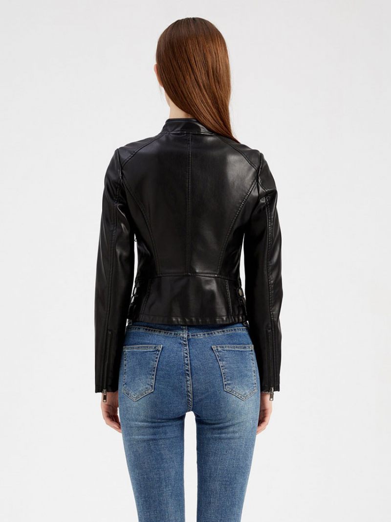 Veste Simili Cuir Pu Rivet Zip Up Col Montant Printemps Automne Rue Biker Vêtements D'extérieur Pour Les Femmes - Noir