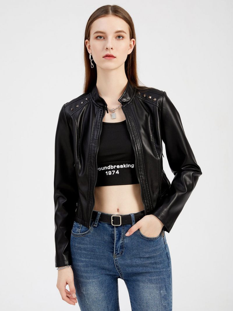 Veste Simili Cuir Pu Rivet Zip Up Col Montant Printemps Automne Rue Biker Vêtements D'extérieur Pour Les Femmes - Noir