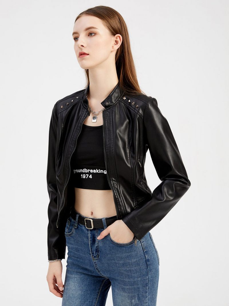 Veste Simili Cuir Pu Rivet Zip Up Col Montant Printemps Automne Rue Biker Vêtements D'extérieur Pour Les Femmes - Noir