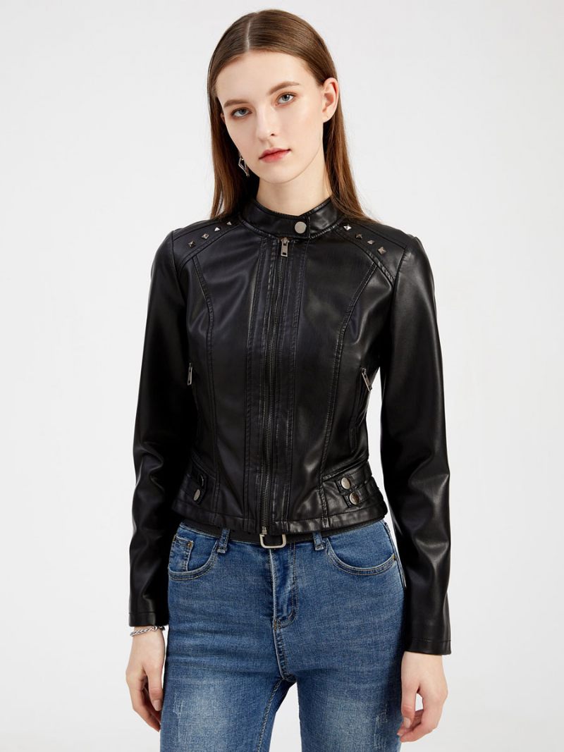 Veste Simili Cuir Pu Rivet Zip Up Col Montant Printemps Automne Rue Biker Vêtements D'extérieur Pour Les Femmes - Noir