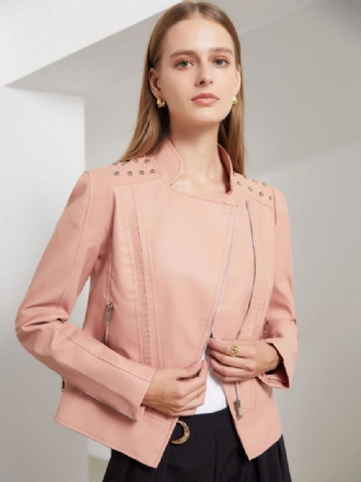 Veste Simili Cuir Rose Pu Col Montant Rivet Fermeture Éclair Printemps Automne Rue Biker Vêtements D'extérieur Pour Les Femmes