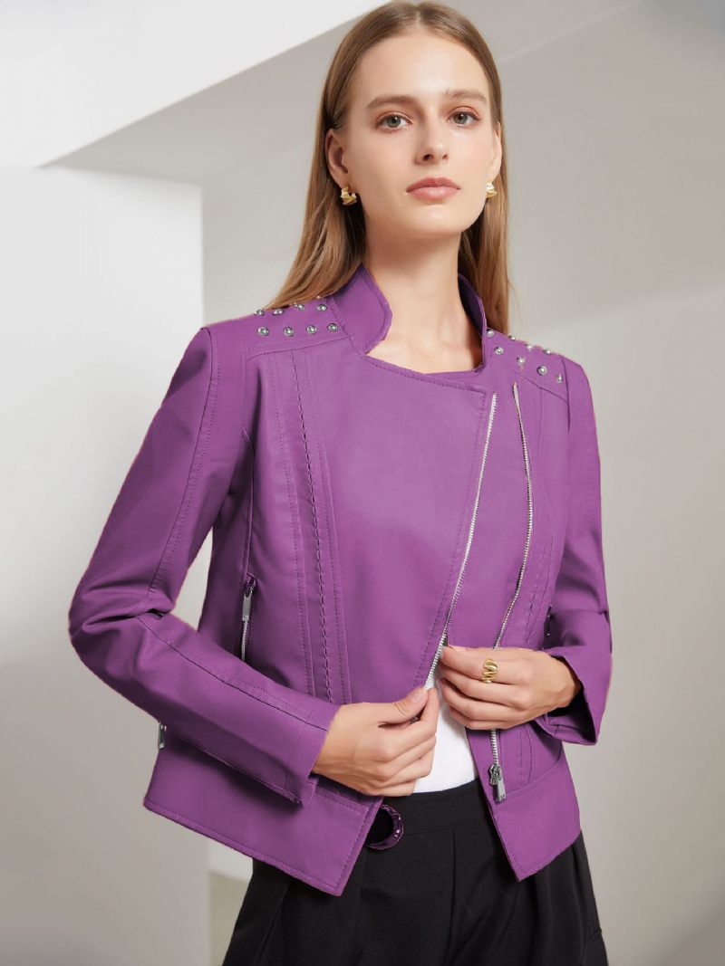 Veste Simili Cuir Rose Pu Col Montant Rivet Fermeture Éclair Printemps Automne Rue Biker Vêtements D'extérieur Pour Les Femmes - Violet