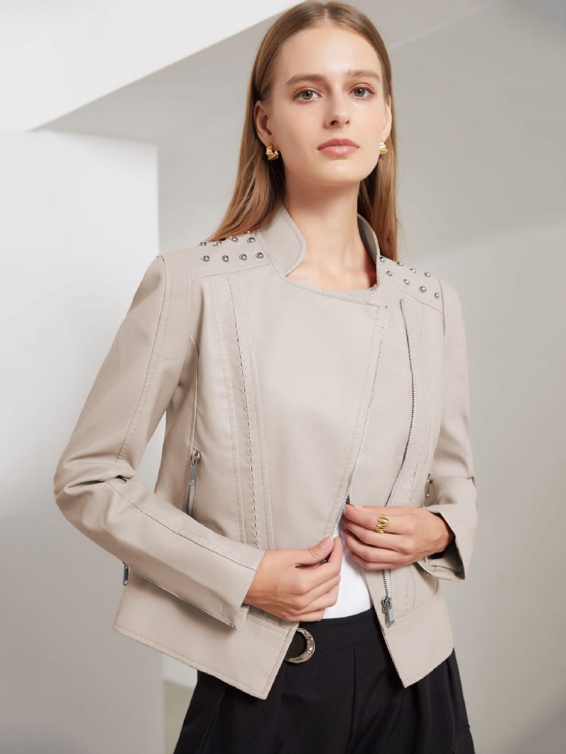 Veste Simili Cuir Rose Pu Col Montant Rivet Fermeture Éclair Printemps Automne Rue Biker Vêtements D'extérieur Pour Les Femmes - Jaune Clair Clair