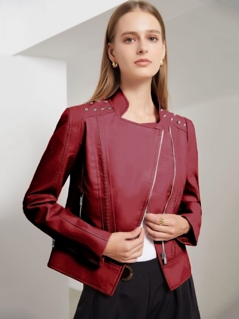 Veste Simili Cuir Rose Pu Col Montant Rivet Fermeture Éclair Printemps Automne Rue Biker Vêtements D'extérieur Pour Les Femmes - Bourgogne