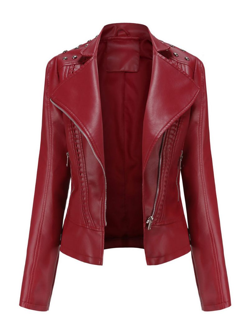 Veste Simili Cuir Rose Pu Col Montant Rivet Fermeture Éclair Printemps Automne Rue Biker Vêtements D'extérieur Pour Les Femmes - Bourgogne