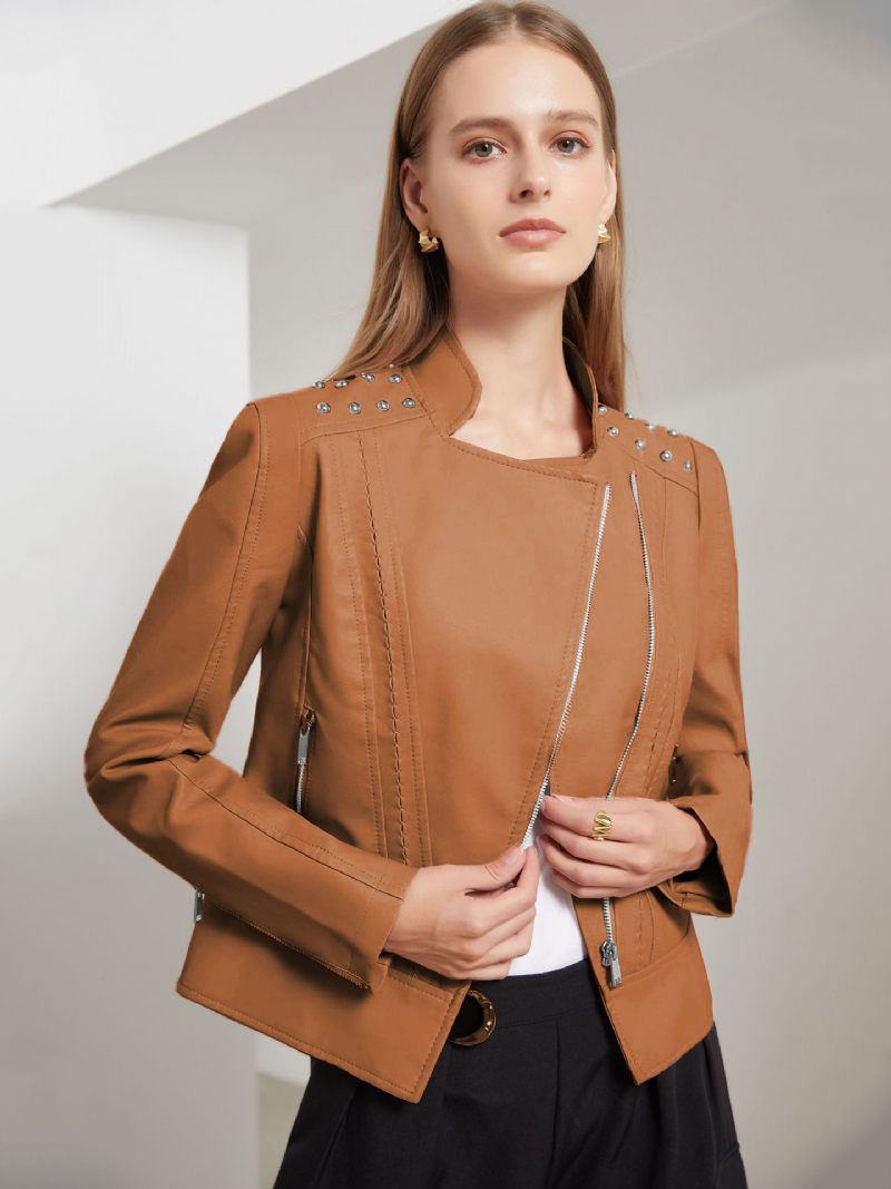 Veste Simili Cuir Rose Pu Col Montant Rivet Fermeture Éclair Printemps Automne Rue Biker Vêtements D'extérieur Pour Les Femmes - Camel