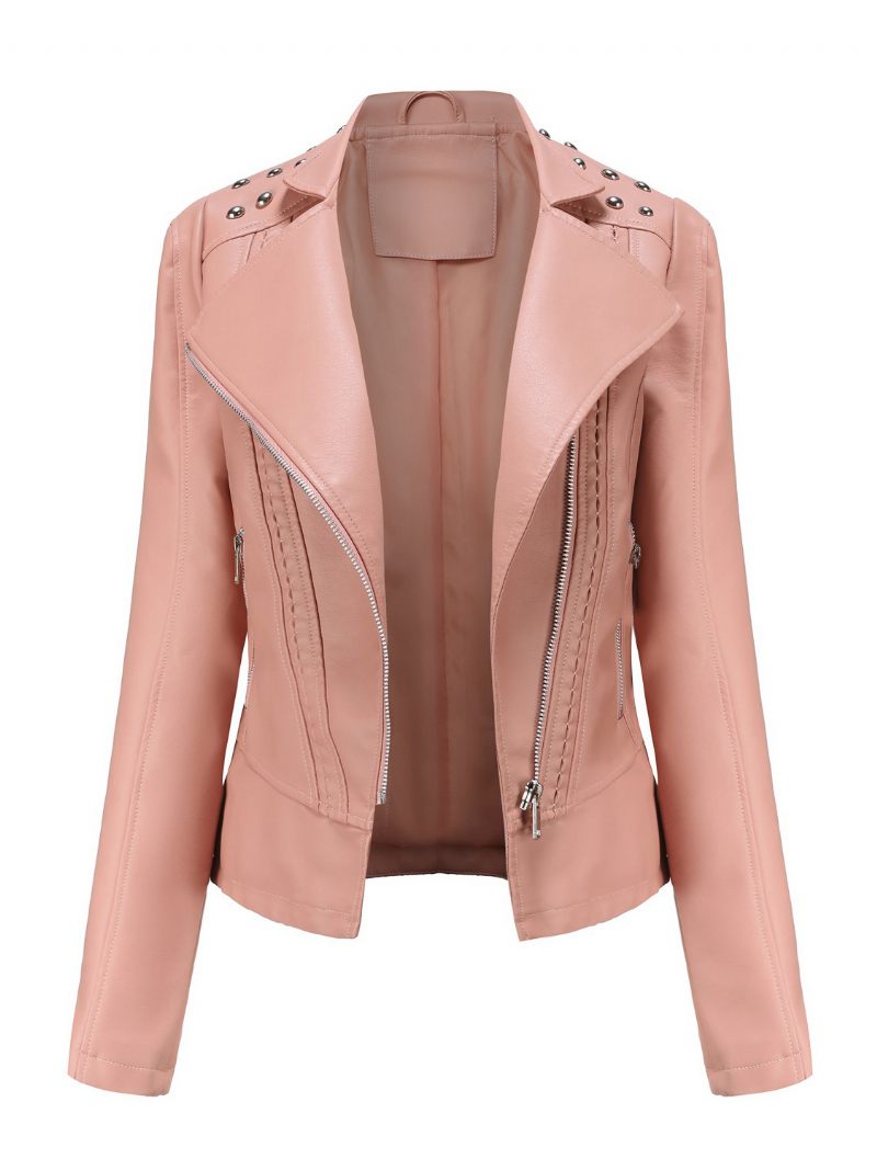 Veste Simili Cuir Rose Pu Col Montant Rivet Fermeture Éclair Printemps Automne Rue Biker Vêtements D'extérieur Pour Les Femmes - Rose