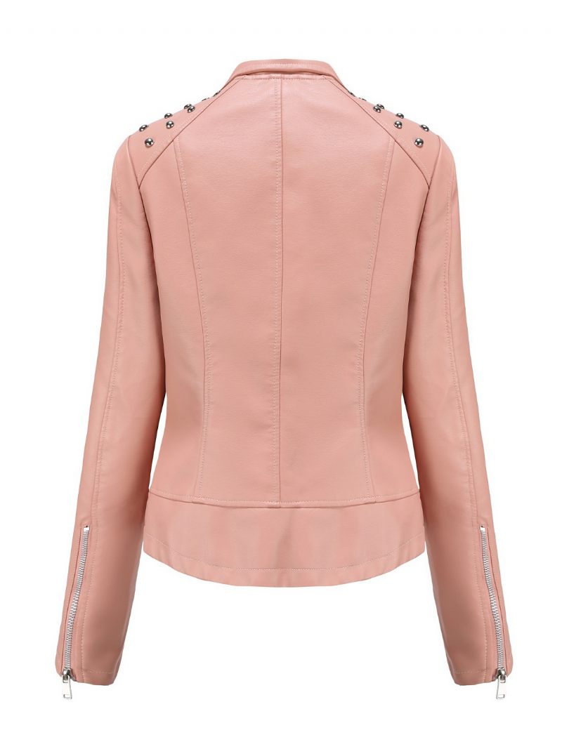 Veste Simili Cuir Rose Pu Col Montant Rivet Fermeture Éclair Printemps Automne Rue Biker Vêtements D'extérieur Pour Les Femmes - Rose