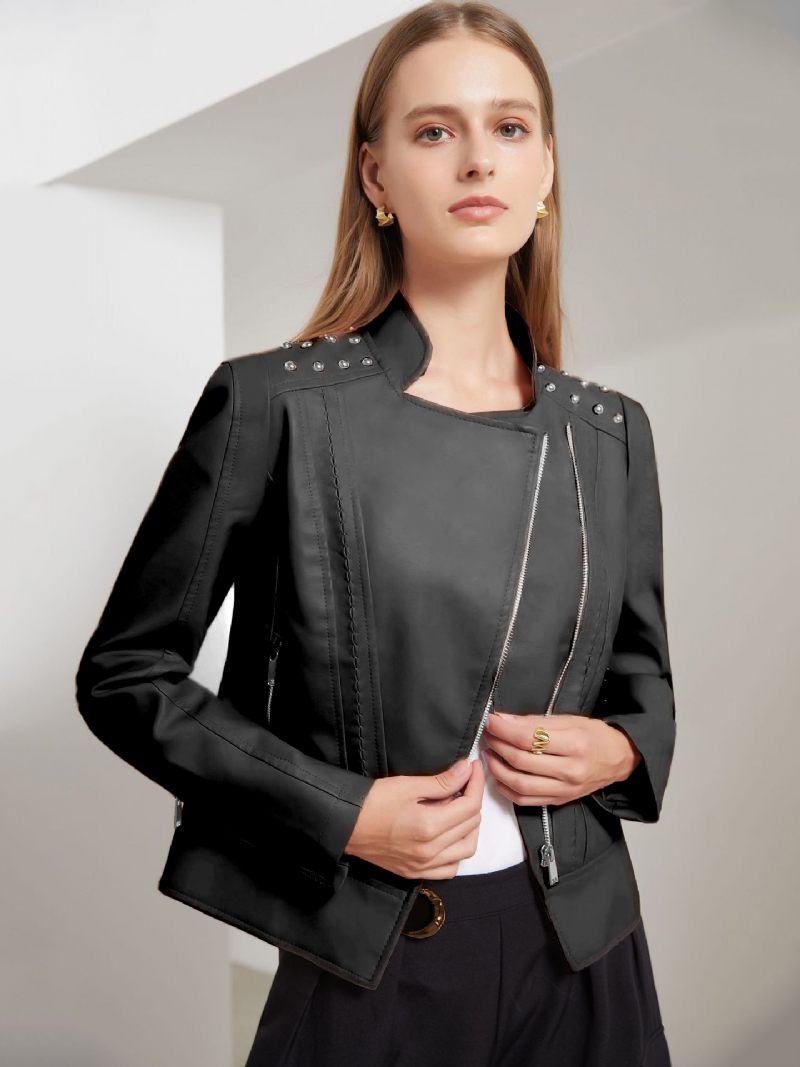 Veste Simili Cuir Rose Pu Col Montant Rivet Fermeture Éclair Printemps Automne Rue Biker Vêtements D'extérieur Pour Les Femmes - Noir