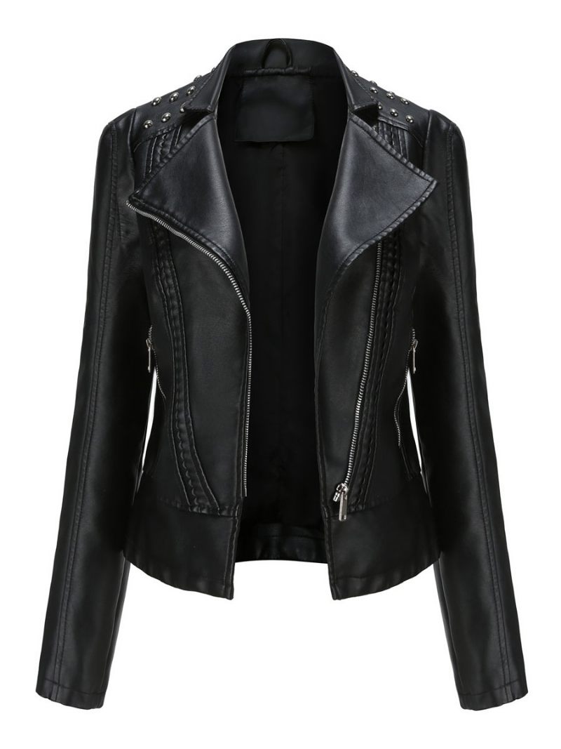 Veste Simili Cuir Rose Pu Col Montant Rivet Fermeture Éclair Printemps Automne Rue Biker Vêtements D'extérieur Pour Les Femmes - Noir