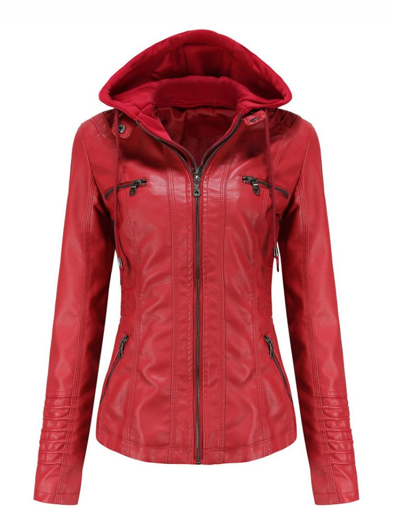 Veste Simili Cuir Sweat À Capuche Amovible Fermeture Éclair Pu Couleur Unie Vêtements D'extérieur Motard Rue Pour Femmes Printemps Et Automne - Rouge