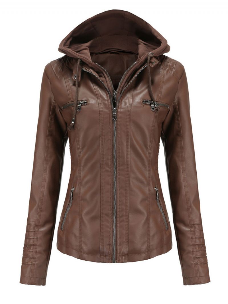 Veste Simili Cuir Sweat À Capuche Amovible Fermeture Éclair Pu Couleur Unie Vêtements D'extérieur Motard Rue Pour Femmes Printemps Et Automne - Marron Café