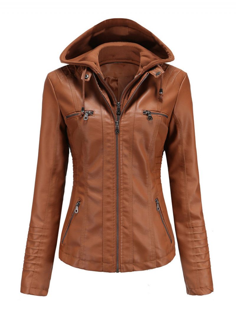 Veste Simili Cuir Sweat À Capuche Amovible Fermeture Éclair Pu Couleur Unie Vêtements D'extérieur Motard Rue Pour Femmes Printemps Et Automne - Camel