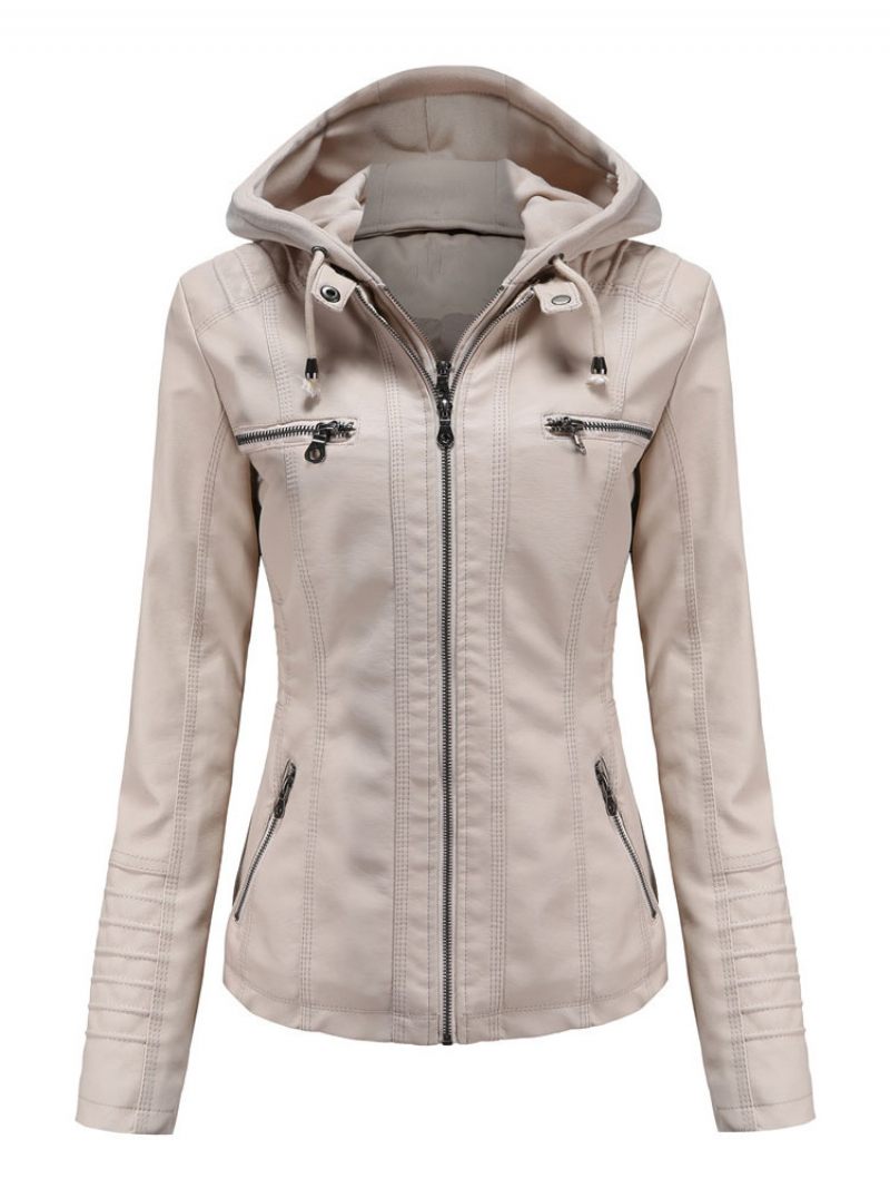 Veste Simili Cuir Sweat À Capuche Amovible Fermeture Éclair Pu Couleur Unie Vêtements D'extérieur Motard Rue Pour Femmes Printemps Et Automne - Beige