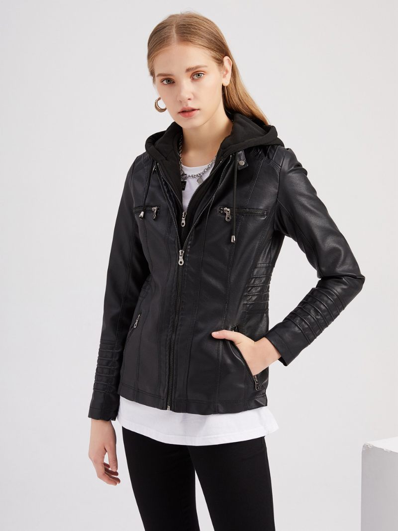 Veste Simili Cuir Sweat À Capuche Amovible Fermeture Éclair Pu Couleur Unie Vêtements D'extérieur Motard Rue Pour Femmes Printemps Et Automne - Noir