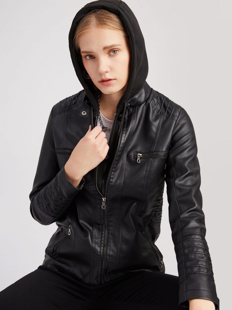 Veste Simili Cuir Sweat À Capuche Amovible Fermeture Éclair Pu Couleur Unie Vêtements D'extérieur Motard Rue Pour Femmes Printemps Et Automne - Noir