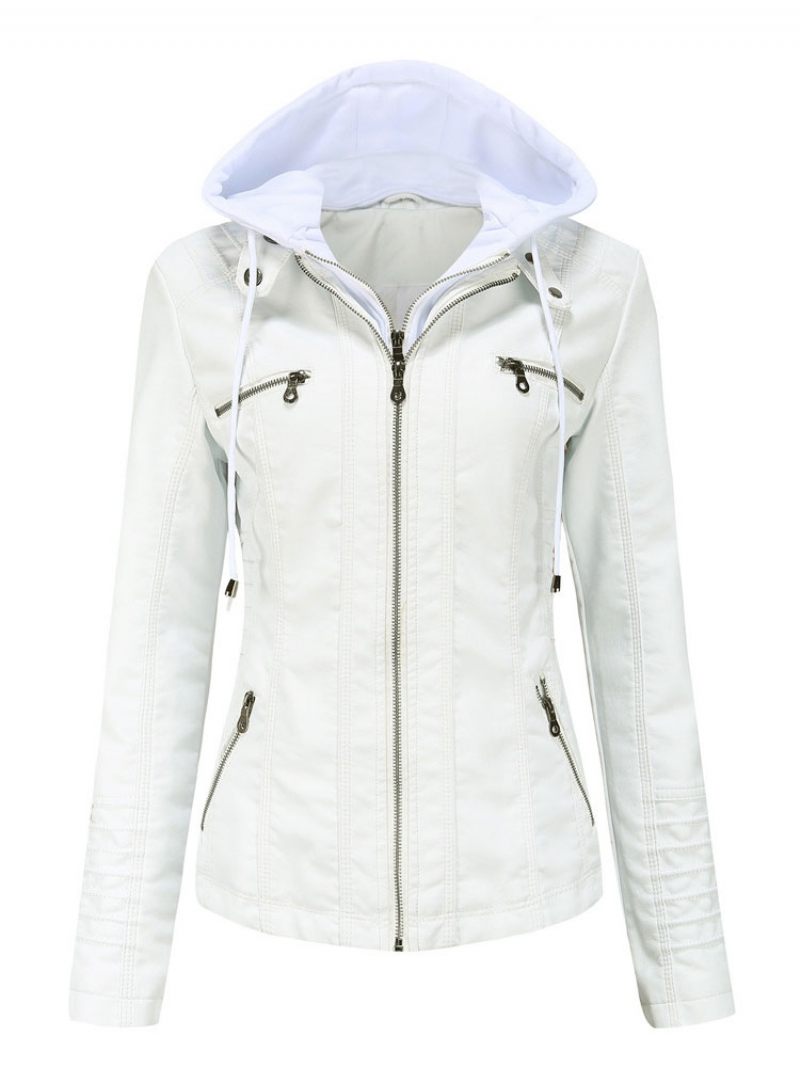 Veste Simili Cuir Sweat À Capuche Amovible Fermeture Éclair Pu Couleur Unie Vêtements D'extérieur Motard Rue Pour Femmes Printemps Et Automne - Blanc