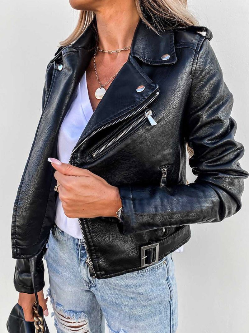 Vestes Cuir Pu Pour Femmes Manches Longues Poches Zippées Veste Moto Courte - Noir