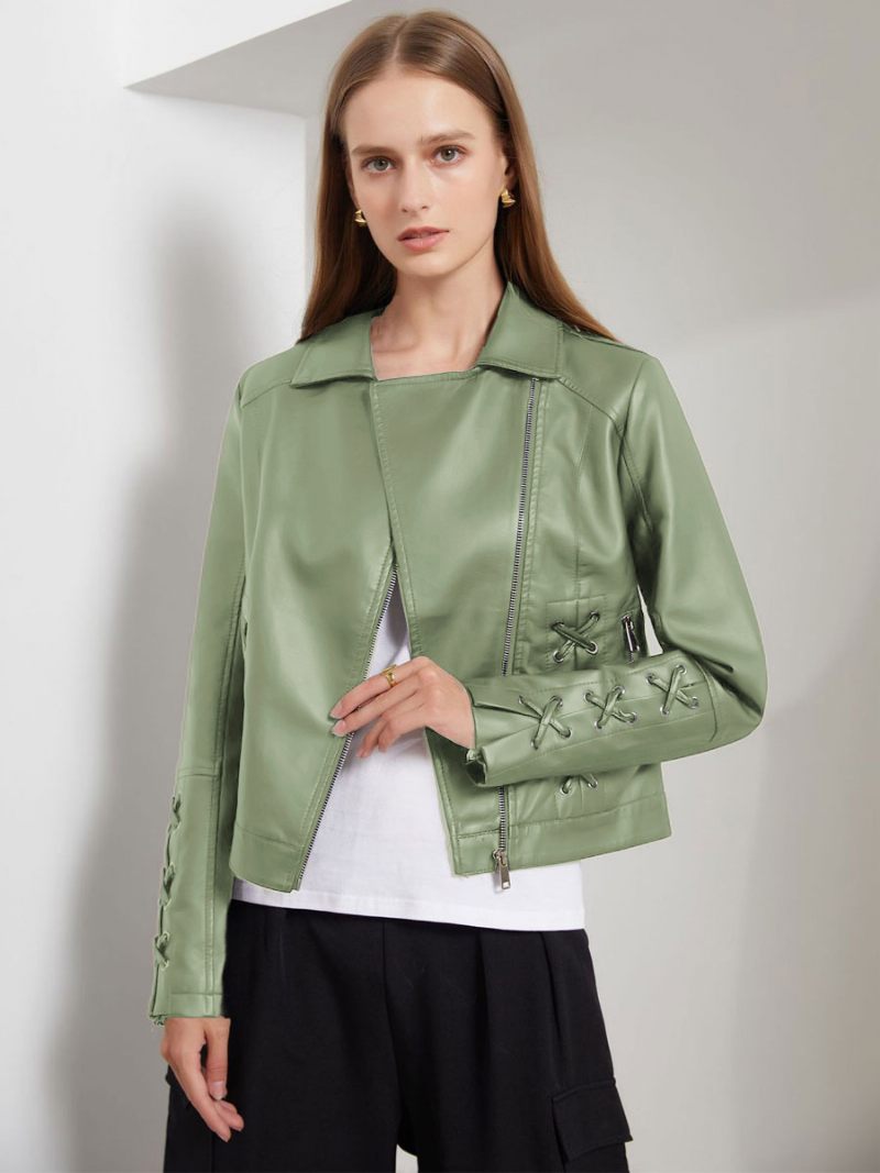 Vestes Moto Pour Femmes Printemps Cuir Pu Vêtements D'extérieur Vélo Courts - Vert Clair