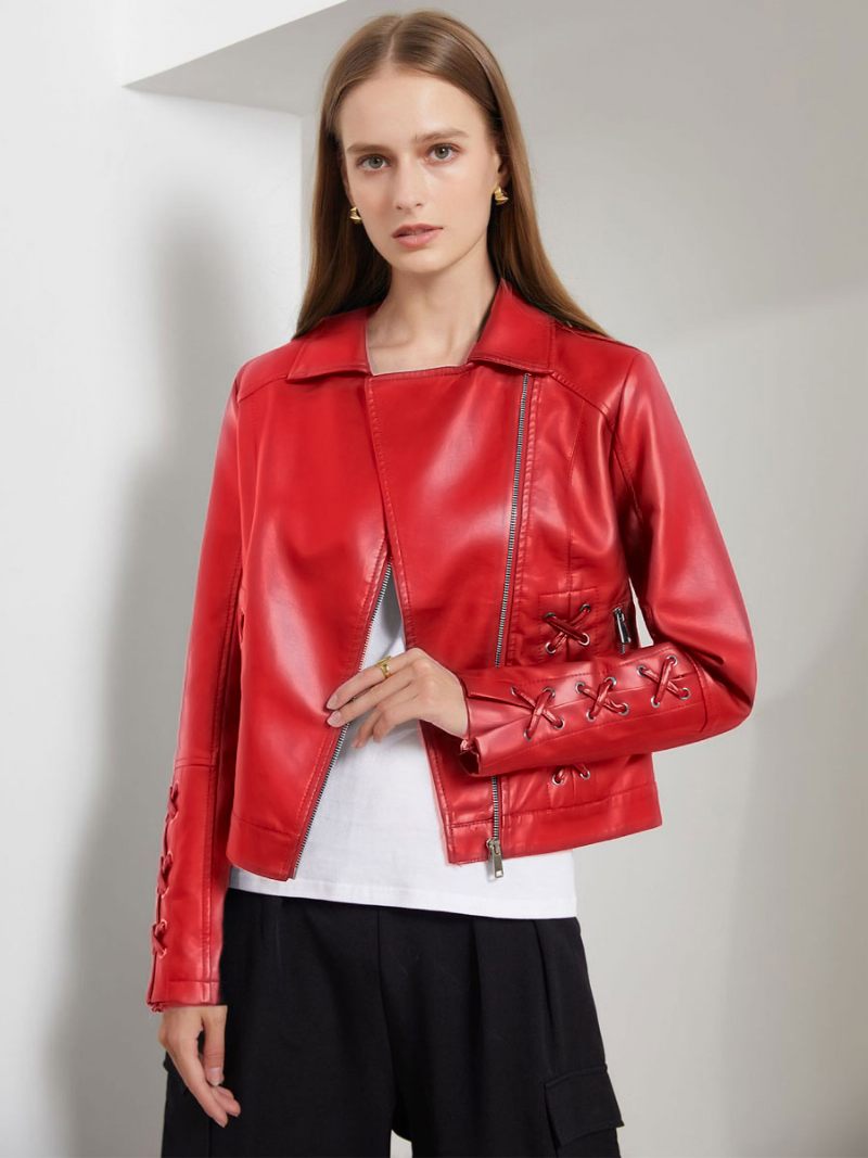 Vestes Moto Pour Femmes Printemps Cuir Pu Vêtements D'extérieur Vélo Courts - Rouge