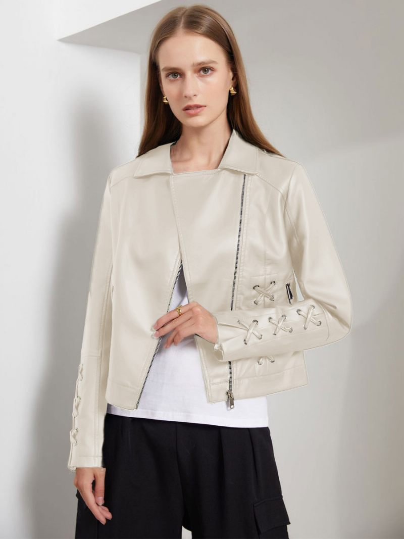 Vestes Moto Pour Femmes Printemps Cuir Pu Vêtements D'extérieur Vélo Courts - Beige