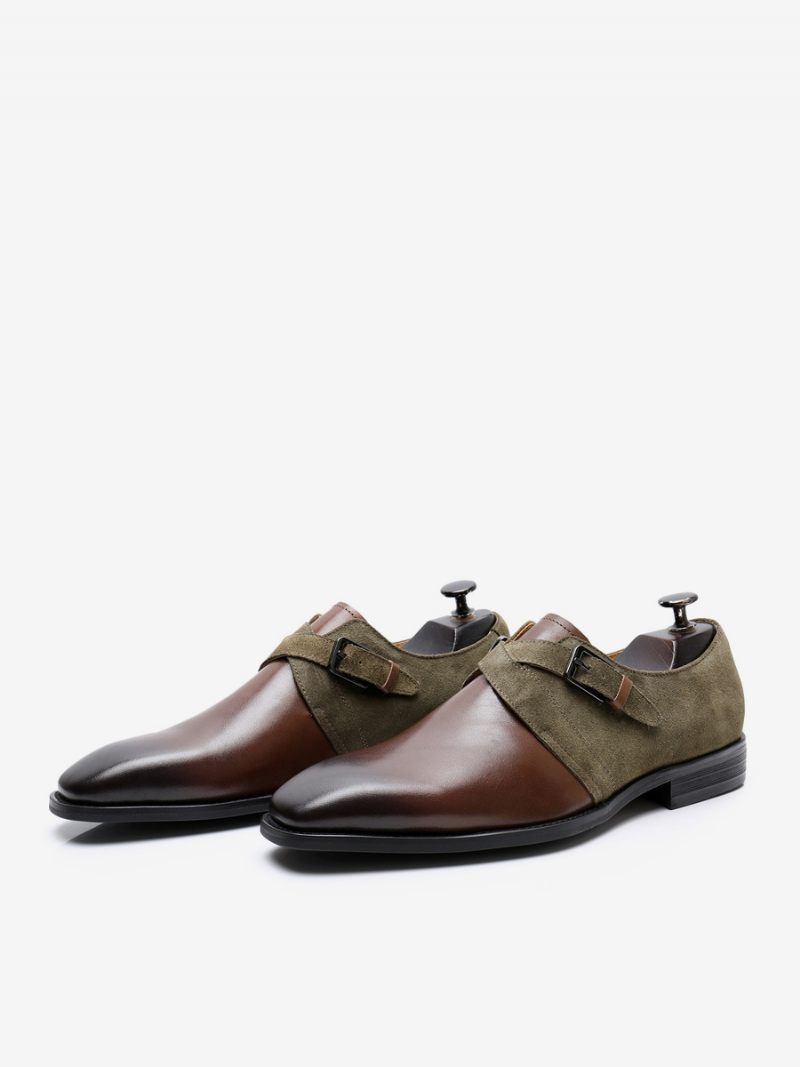 Chaussures Habillées Pour Hommes Cuir Vache Marron Café À Bout Rond Mariage Bal Enfiler - Marron Café