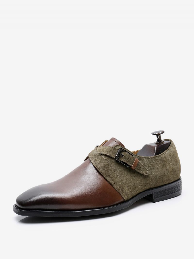 Chaussures Habillées Pour Hommes Cuir Vache Marron Café À Bout Rond Mariage Bal Enfiler - Marron Café