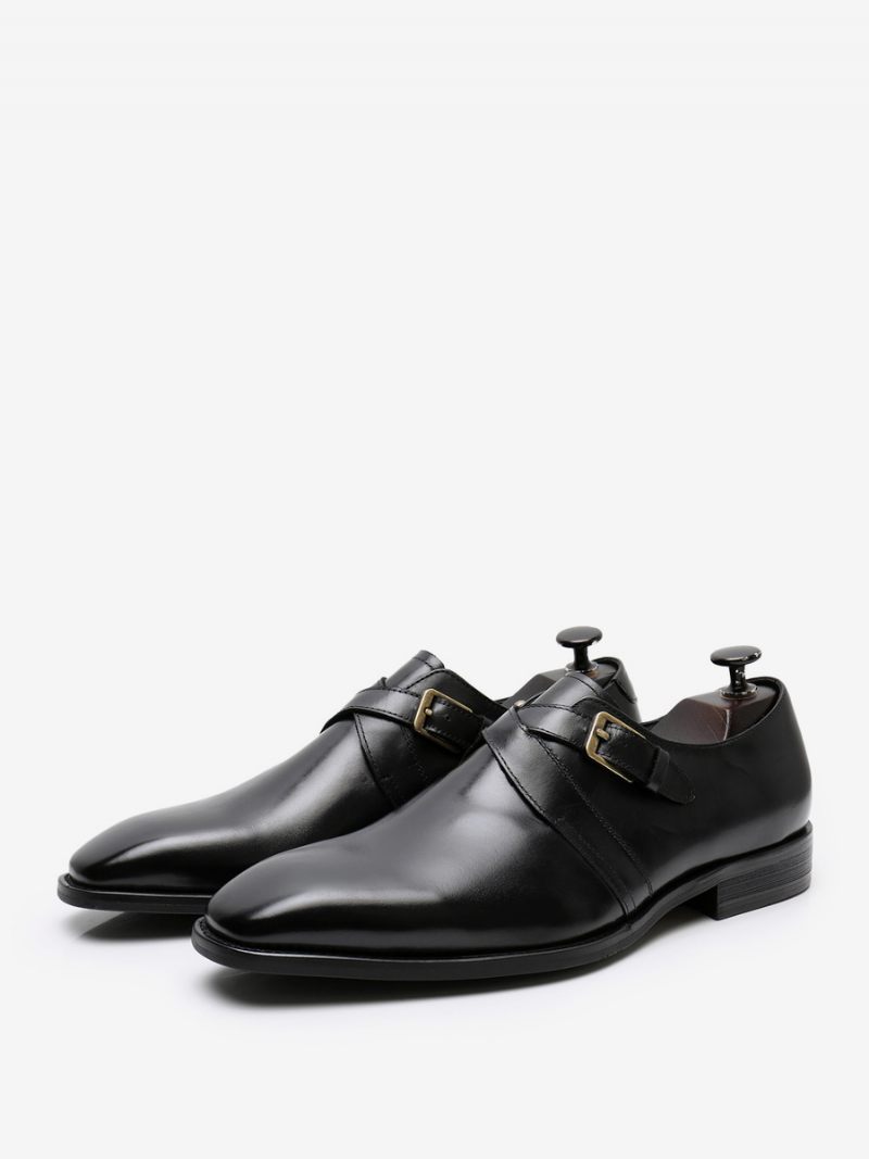 Chaussures Habillées Pour Hommes Cuir Vache Marron Café À Bout Rond Mariage Bal Enfiler - Noir