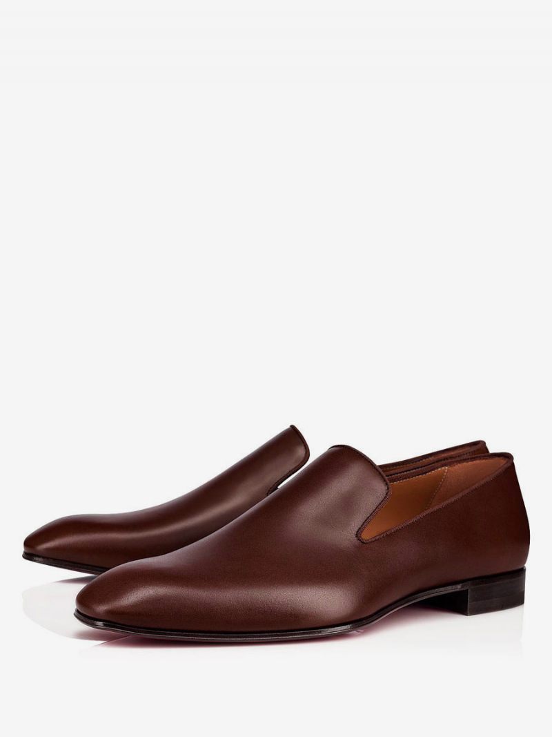 Chaussures Robe Mariée Pour Hommes Bout Rond À Enfiler Cuir Vache Marron Bal Fête