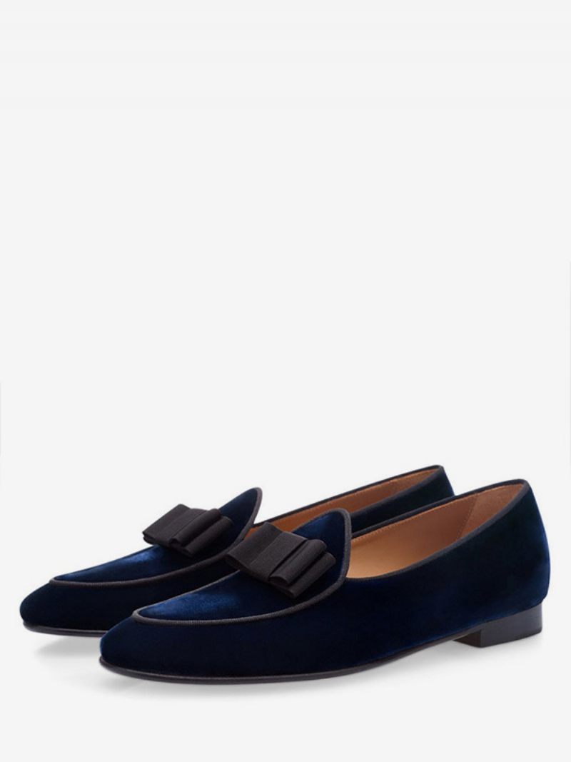 Chaussures Soirée Pour Hommes Mocassins À Bout Rond Velours Avec Nœud Bal Bleu Foncé