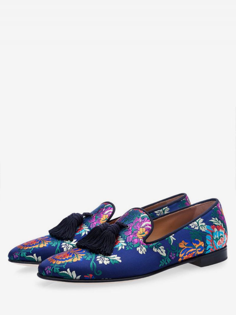 Mocassins Bal Brodés À Fleurs Satin Bleu Pour Hommes Avec Pompon