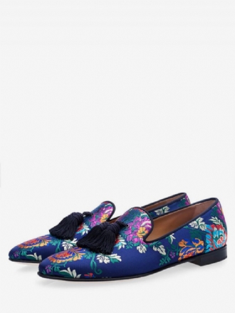 Mocassins Bal Brodés À Fleurs Satin Bleu Pour Hommes Avec Pompon