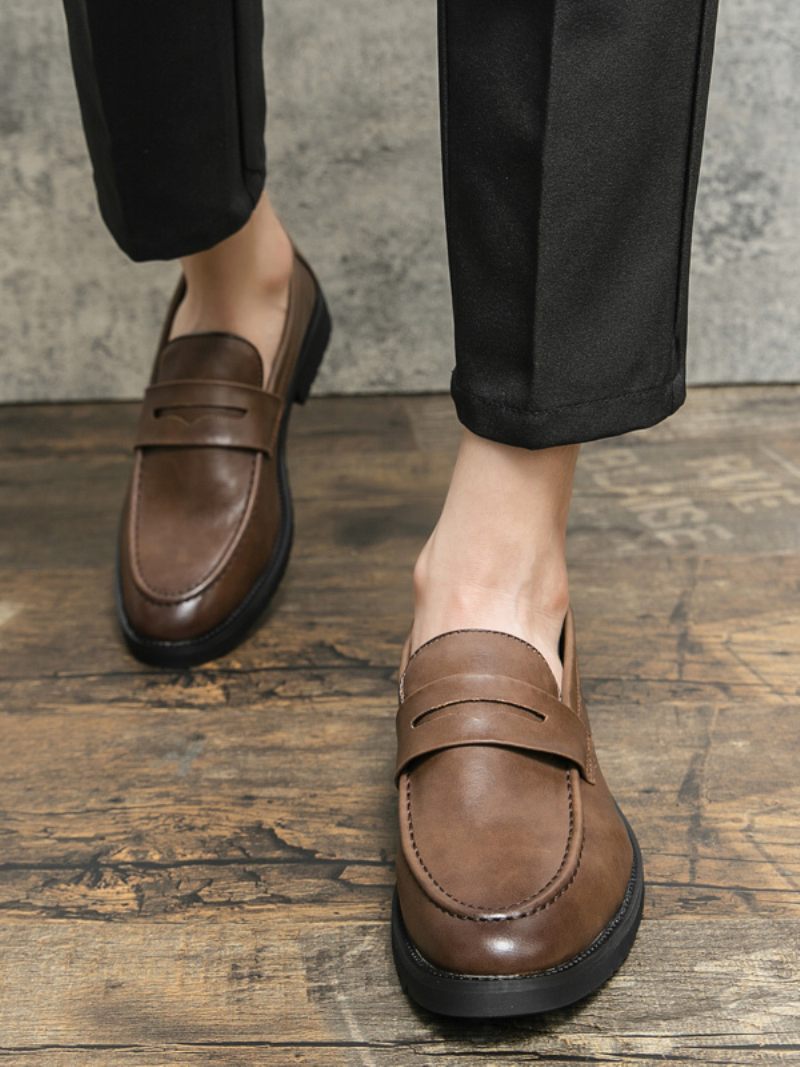 Mocassins Bal Pour Hommes À Enfiler Bout Rond Cuir Pu - Marron Café