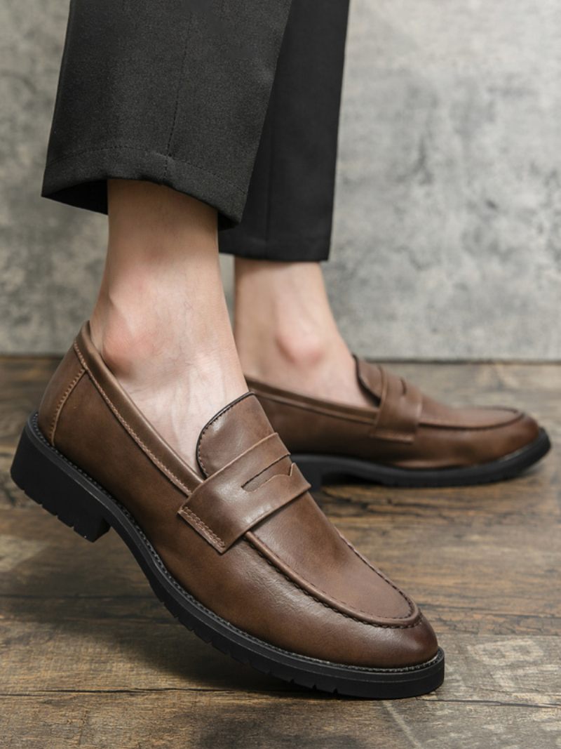 Mocassins Bal Pour Hommes À Enfiler Bout Rond Cuir Pu - Marron Café