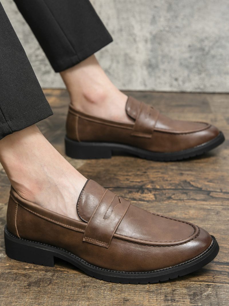 Mocassins Bal Pour Hommes À Enfiler Bout Rond Cuir Pu - Marron Café