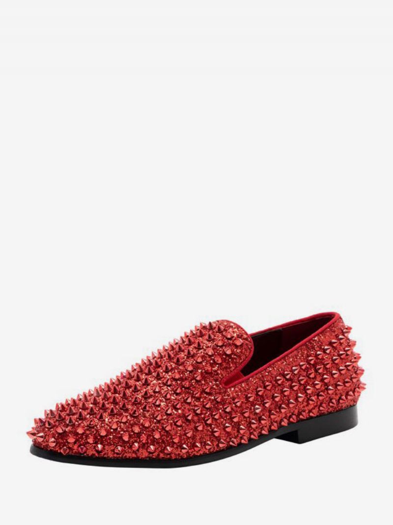 Mocassins Chaussures Pour Hommes Paillettes Pointes Rivets Slip-on Bal Fête Mariage - Orange Rouge