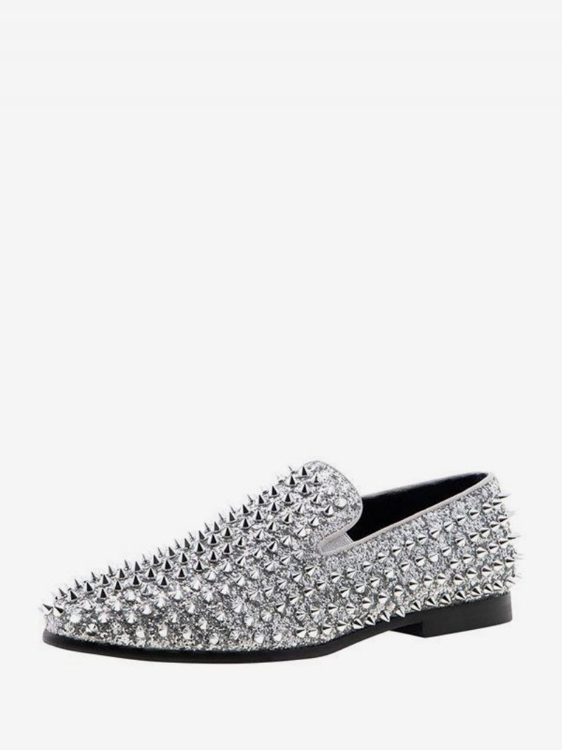 Mocassins Chaussures Pour Hommes Paillettes Pointes Rivets Slip-on Bal Fête Mariage - Argent