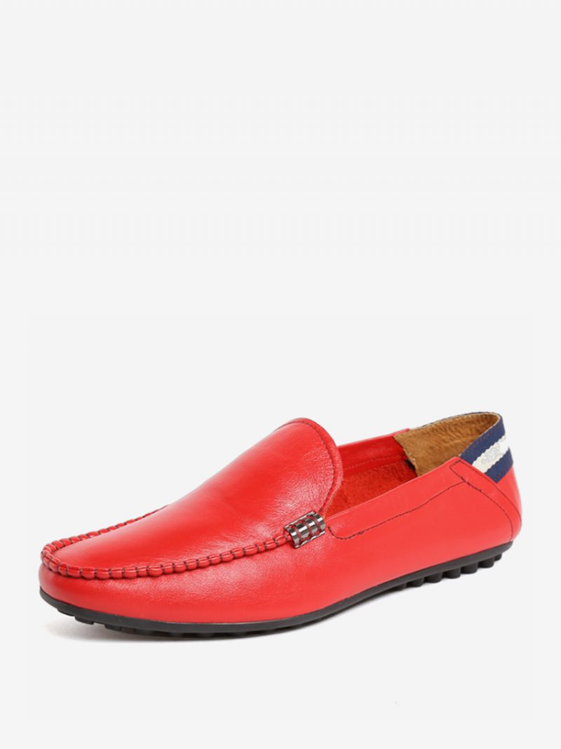 Mocassins Cuir Vache À Bout Rond Pour Hommes - Rouge